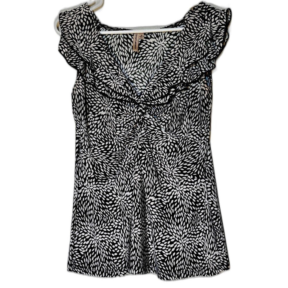 Y2K Susan Lawrence Top Ruffled-V-Neck ruffle-Cap-Sleeves Black & White XL USA